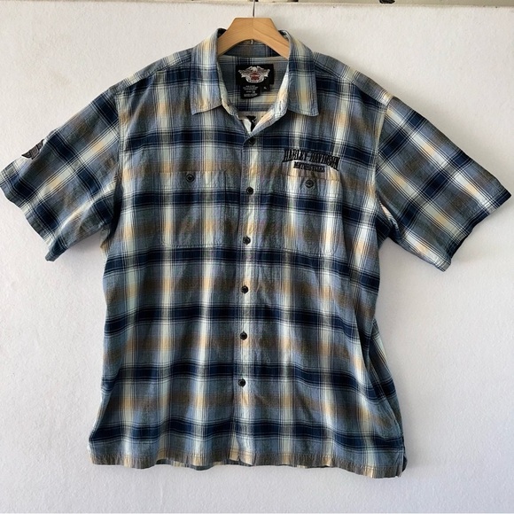 Harley Davidson Short Sleeve Button Front Blue Plaid Shirt Xlarge - Picture 1 of 7